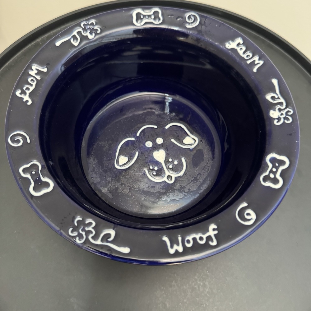 BOOTS & BARKLEY Pet Bowl BLUE W/WHITE Dog  FACE 6 3/8" Stonewear Woof
